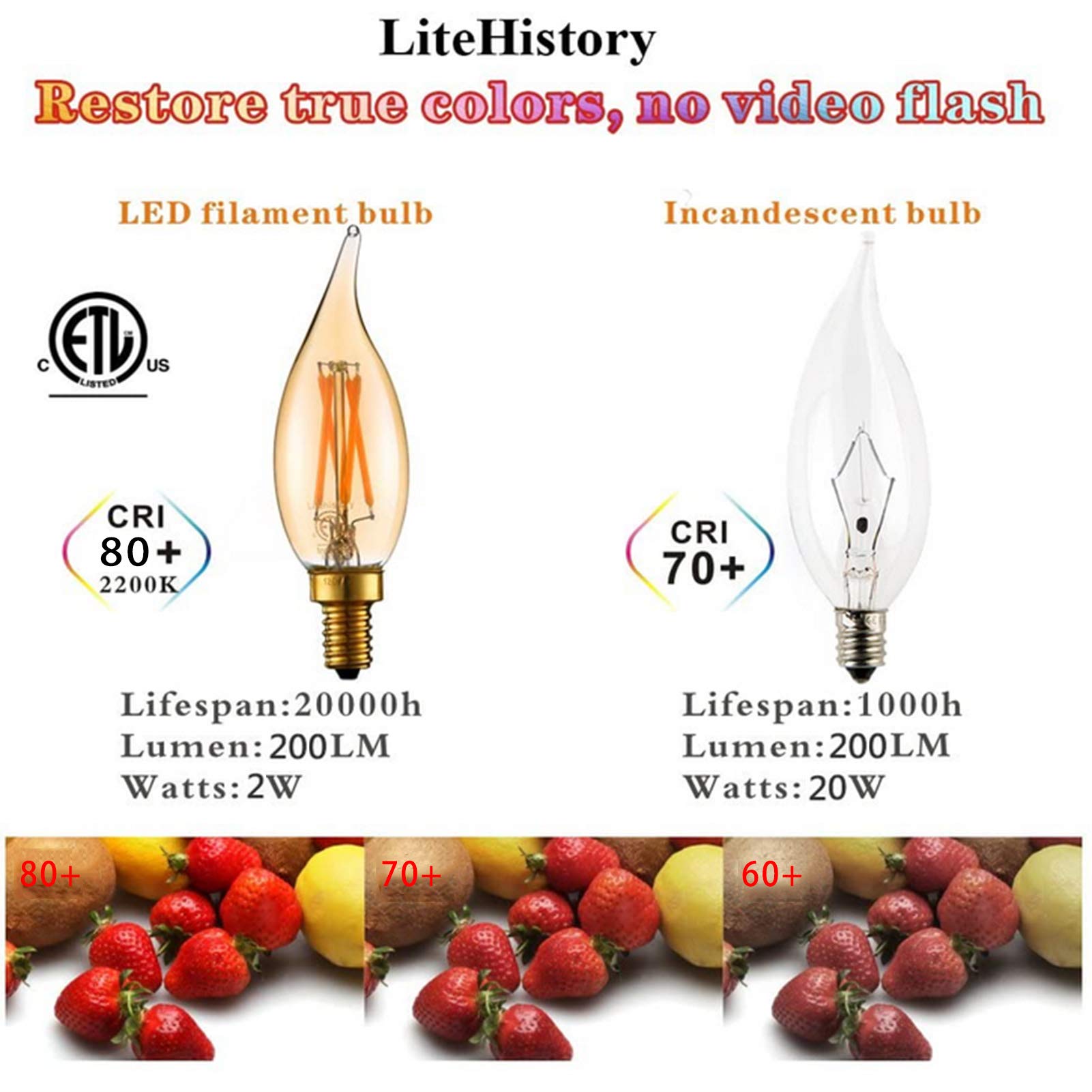 Ampoules LED Edison vintage, lampe à incandescence 2 W = 20 W, paquet 6 ampoules à bougie à flamme jaune chaude, ampoules lustre à intensité variable, base dorée E12