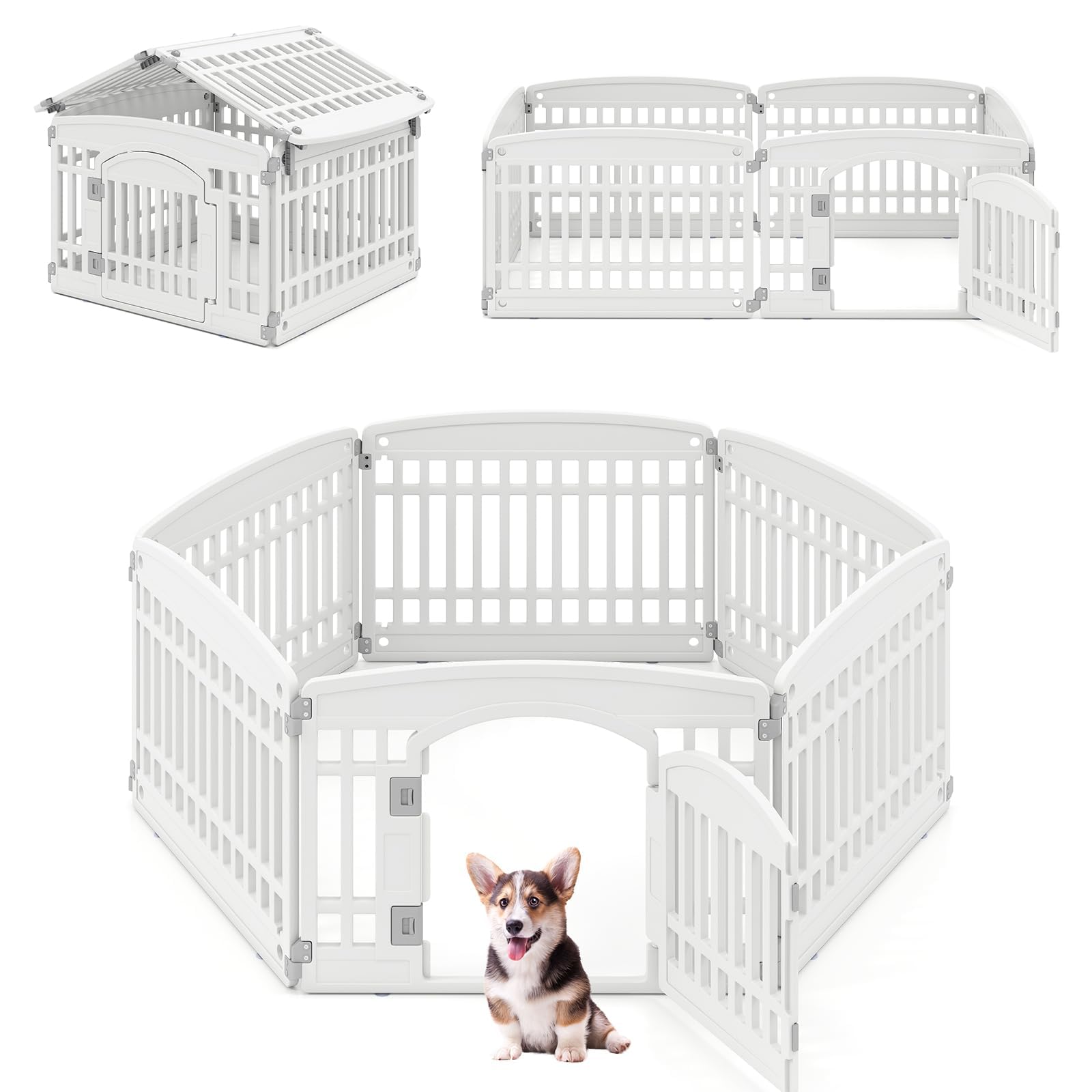 FANTASK Rastrelliera pieghevole per cani da esterno e interno, beccuccio per cani con porta a chiave e 6 pannelli, box per cuccioli in plastica, altezza 60 cm (bianco)