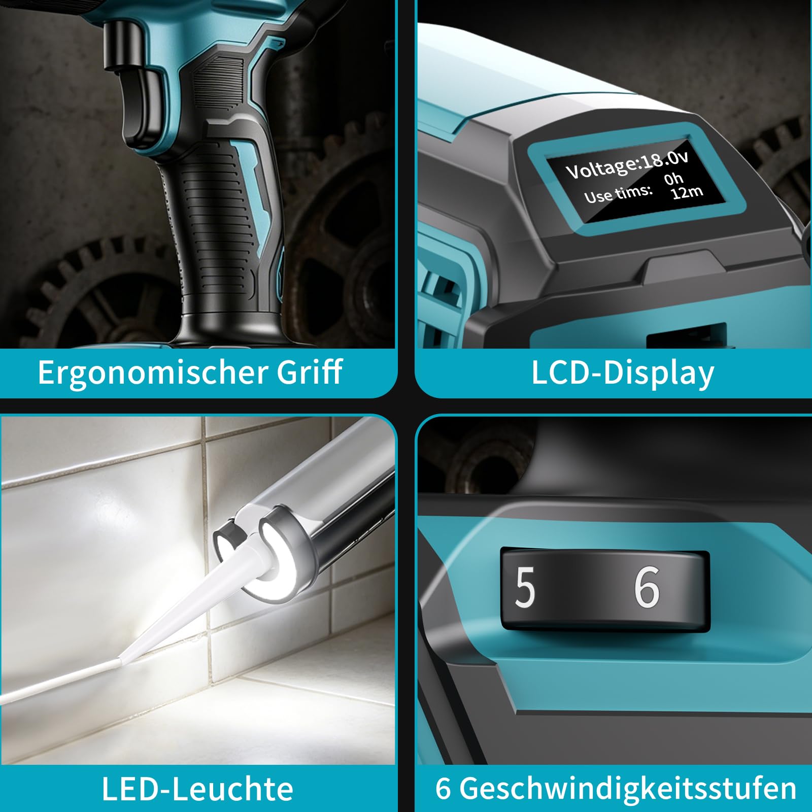 Akku Kartuschenpresse für Makita 18V Akkus- 300ml, Elektrische Kartuschenpresse mit LED-Licht und 6 Geschwindigkeiten, Ideal zum Abdichten, Verfugen und Spachteln. Ohne Akku
