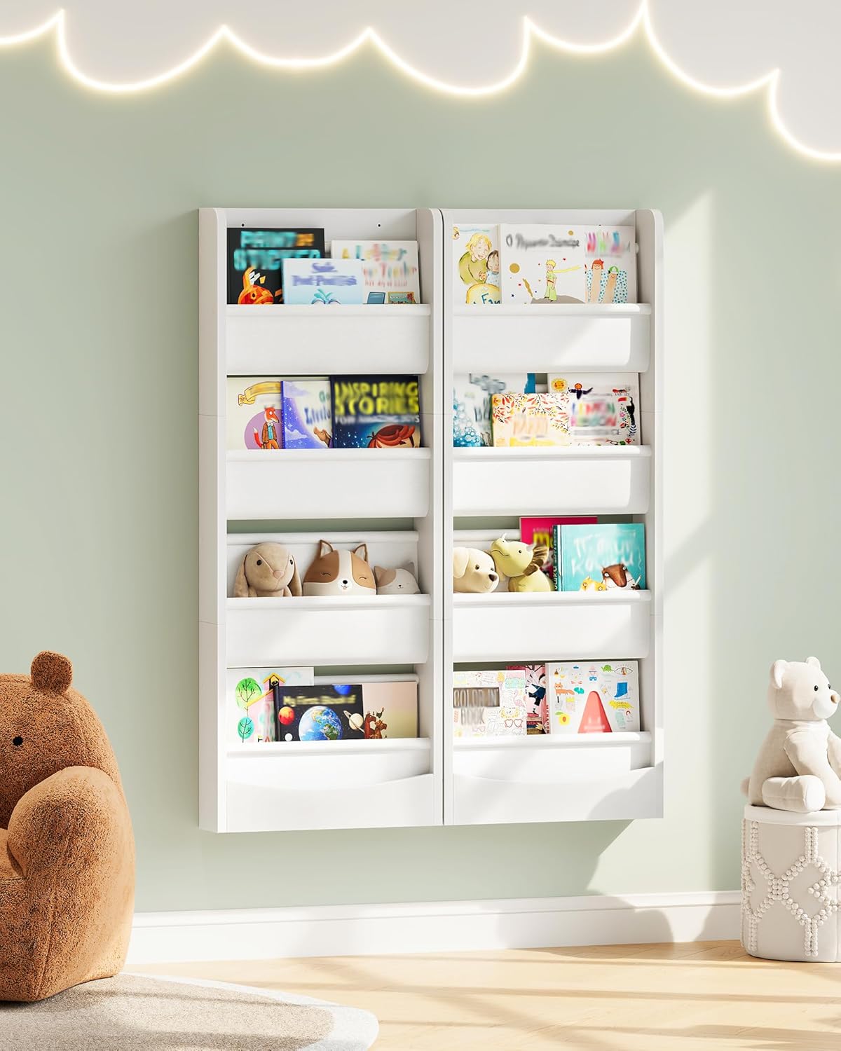 Wall Mounted Kids Bookshelf, 4 Tier Fabric Book Shelf for Kids Rooms, Bookshelf Organizer for Nursery, Classroom, Door Behind, Holds Books, Toys, White MCW40WB - Image 3