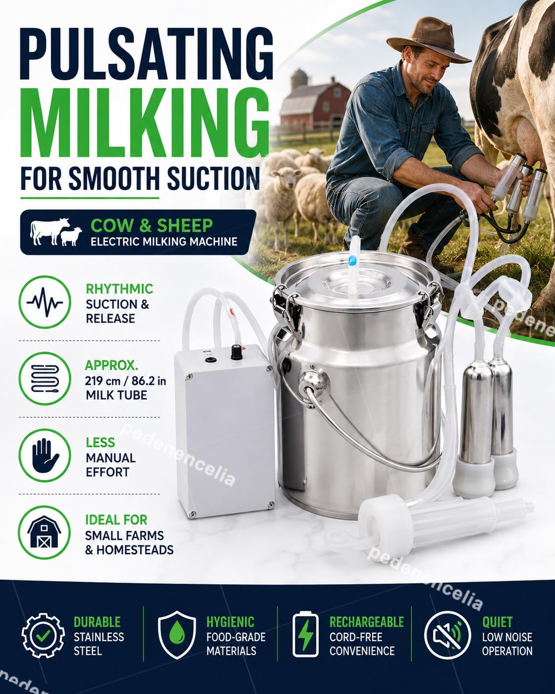 Mungitrice Elettrica 5L/10L, per Mucche e Pecore, Ricaricabile 10L-cattle | Batteria 5200mAh Senza Fili e Rete, Valvola a Galleggiante Auto-Stop e Secchio Inox per Piccole Fattorie