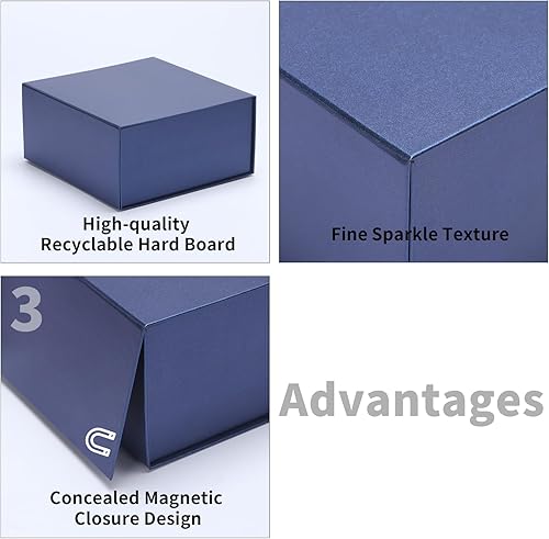 Miniatura 4 de Ditwis Paquete de 4 cajas de regalo de 8 x 8 x 4 pulgadas con tapas de cierre magnético, caja magnética azul para bodas, propuestas de dama de