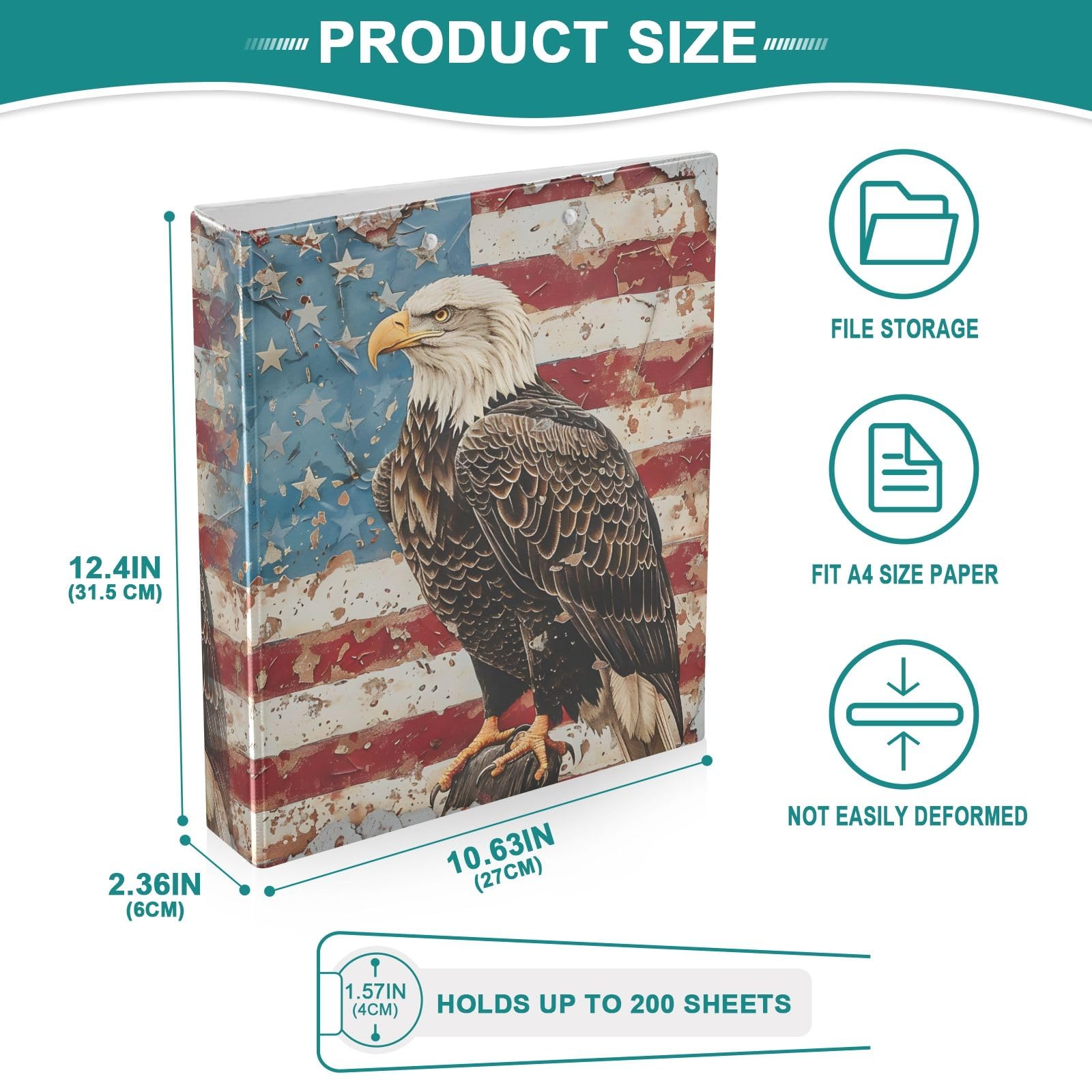 Raccoglitore a 3 anelli America Eagle da 3,8 cm con anelli rotondi per 200 fogli, 3 raccoglitori ad anelli con clip in metallo antiscivolo