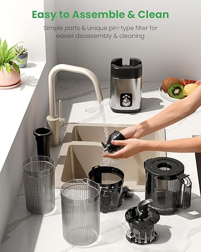 Miniatura 8 de Kismile Exprimidor de prensa en frío de 200 W, máquina exprimidora de verduras y frutas, canal de alimentación de 4.35 pulgadas de ancho, máquina de