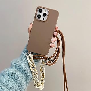 Tybiky Funda para iPhone 12, cadena para teléfono móvil, color puro, funda de silicona con cordón, funda blanda de TPU para iPhone 12, marrón