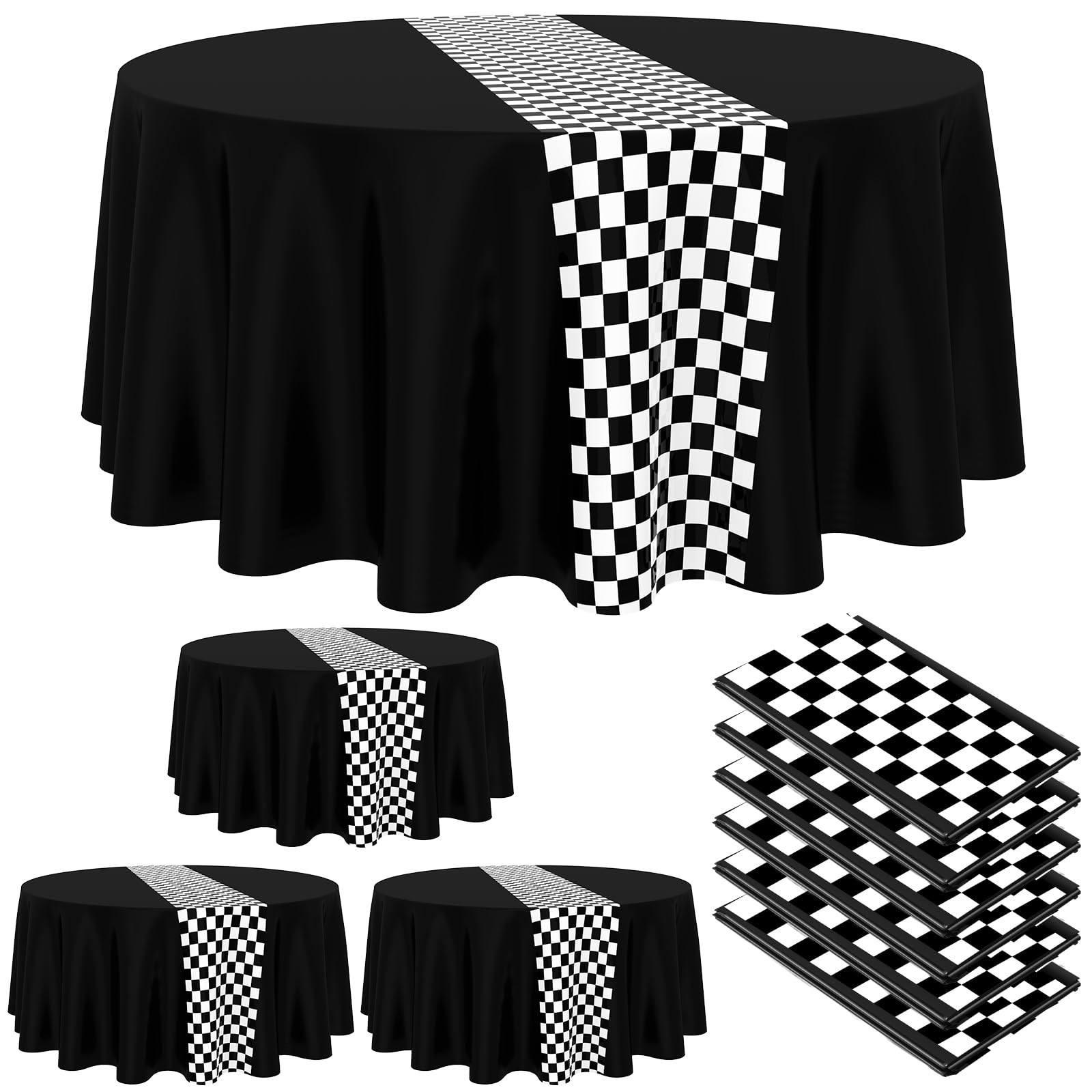 Oudain Cars Birthday Racing Decorations - Round Tablecloth, Checkered Flag Table Covers, Road Plastic Table Cloth, 1950s Disco Dancing Party