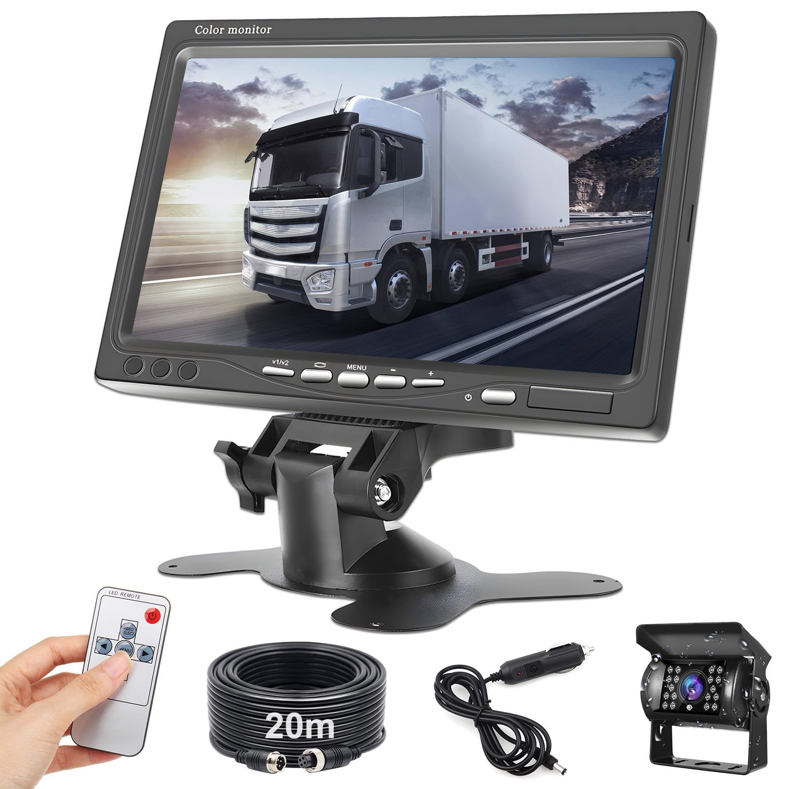 Roinvou Zestaw kamer cofania z monitorem 7" 1080p, wodoszczelność IP68, widoczność w nocy, kamera zapasowa samochodu, kabel, stabilny sygnał, kamera cofania 12 V-24 V z kablem 20 m, do samochodów