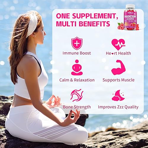 Miniatura 4 de Gomitas complejas de magnesio de 400 mg, glicinato de magnesio, malato, citrato, taurato, óxido y más  con extracto de ashwagandha, D3 y B12 para