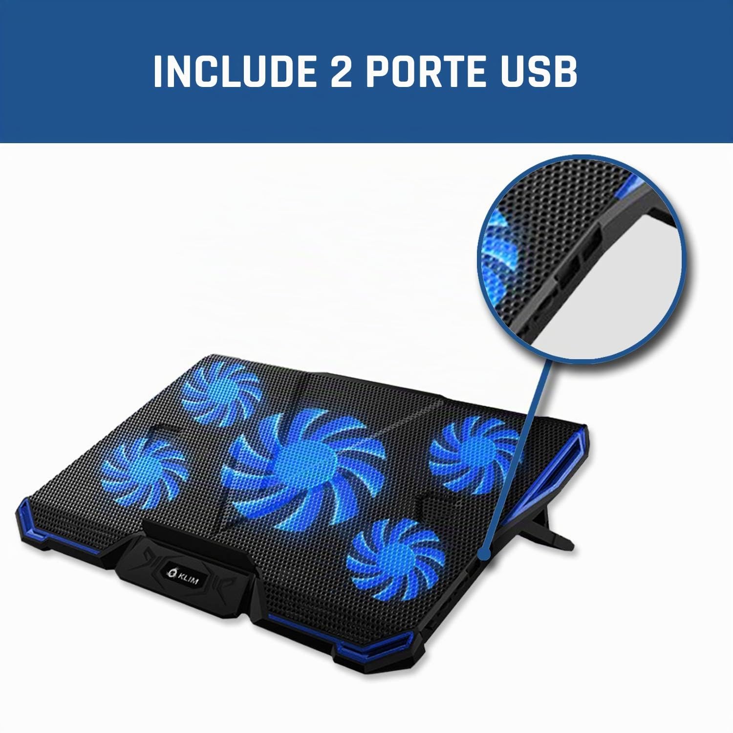 KLIM Cyclone Base di Raffreddamento PC Portatile 5 Ventole Supporto Raffreddatore Cooling Pad Gaming PS5 PS4 Xbox One Blu