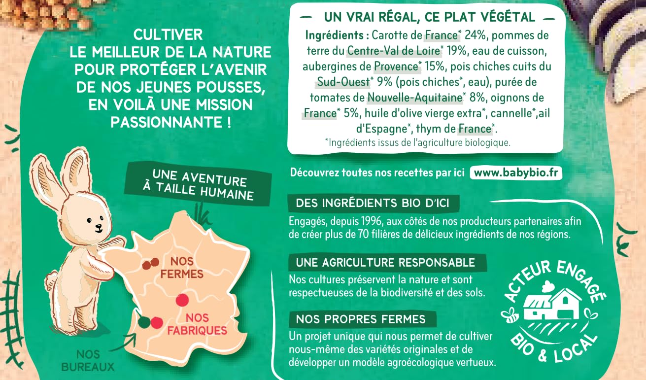 BABYBIO - Petits pots - Moussaka végétale - Aubergines Pois chiches Tomates - 6+ mois - 2 x 200g - BIO - Lot de 6