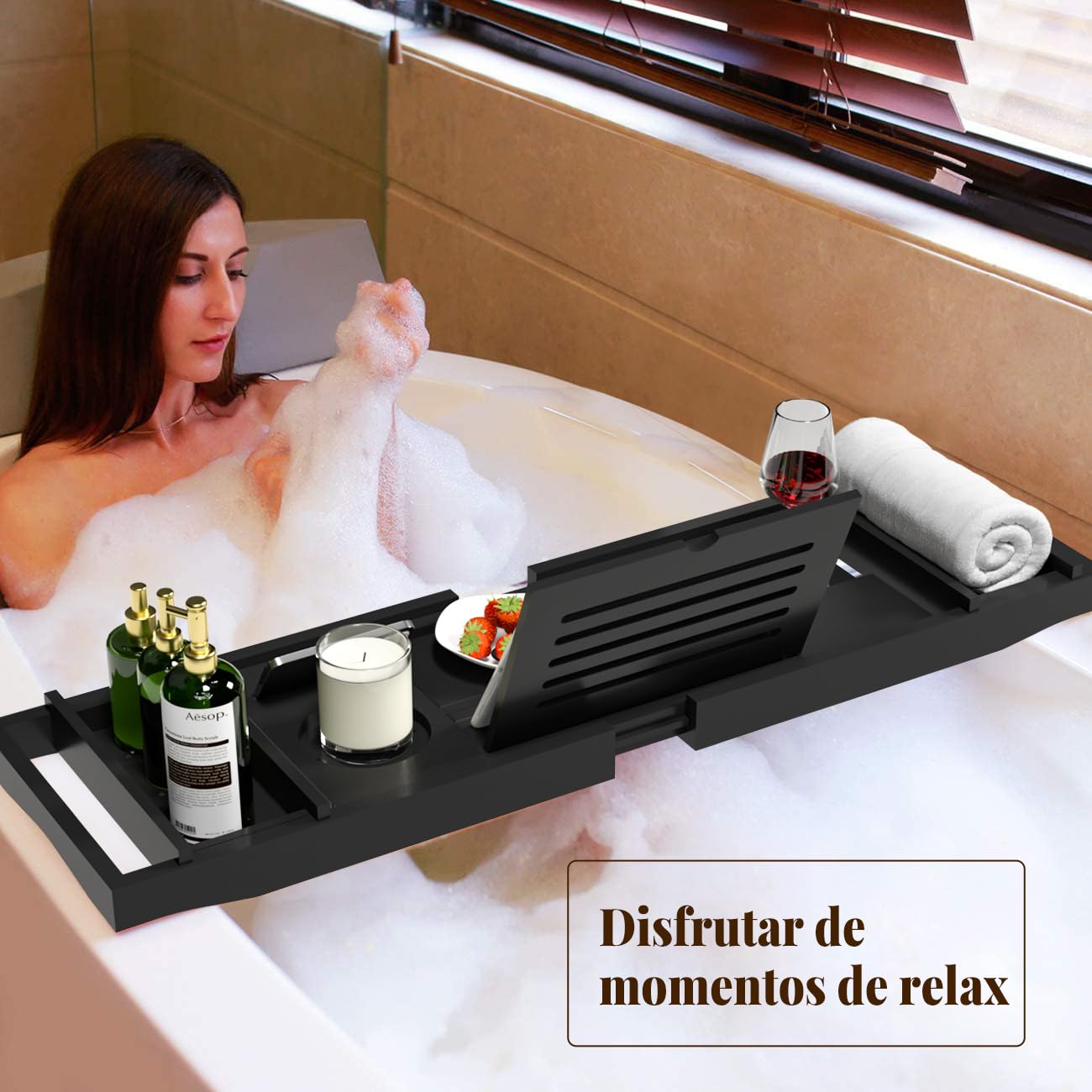 Bandeja de Baño, Tabla Bañera de Bambú Ajustable, 75-109 * 23 * 4,5cm, se Adapta a la Mayoría de Bañeras, Accesorios baño Madera para iPad, Libros, Teléfono, Vidrio (Negro)