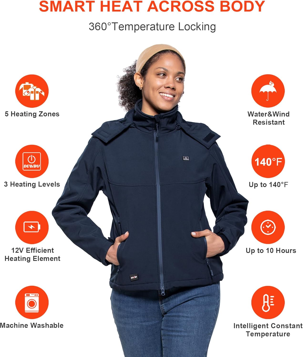 DEWBU Soft Shell Heated Jacket for Women with 12V Battery Pack and Detachable Hood Outdoor Electric Heating Coat - Image 3