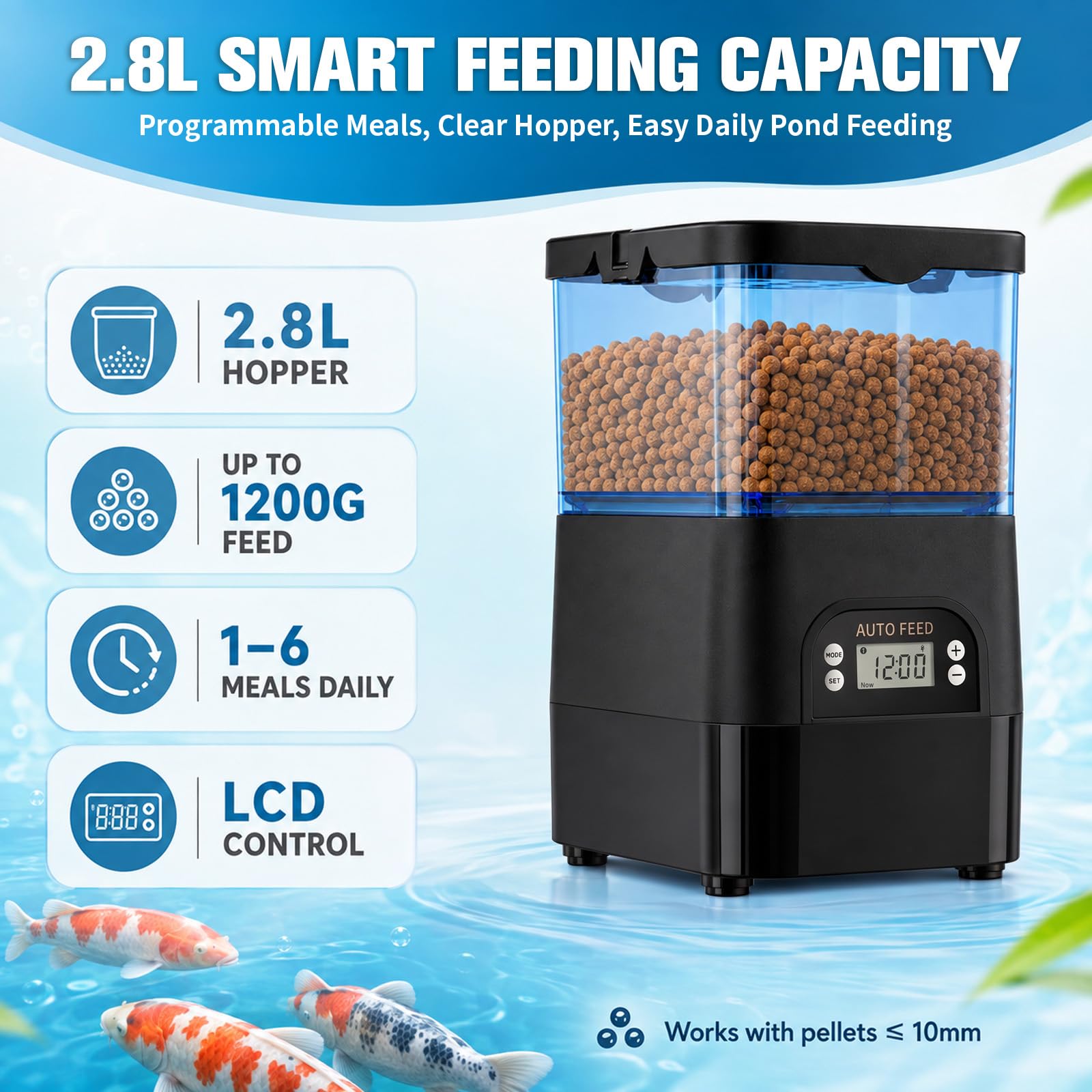 Teichfutterspender Automatisch 2.8L, Koi-Futterspender mit LCD-Display