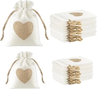 TPTGIAR 20 PCS Heart Hessian Bags, Reusable Small Gift Bag for Jewellery, Hessian Sack with Drawstring, 2 Sizes of Jute Bags for Valentines Wedding Party and DIY Craft