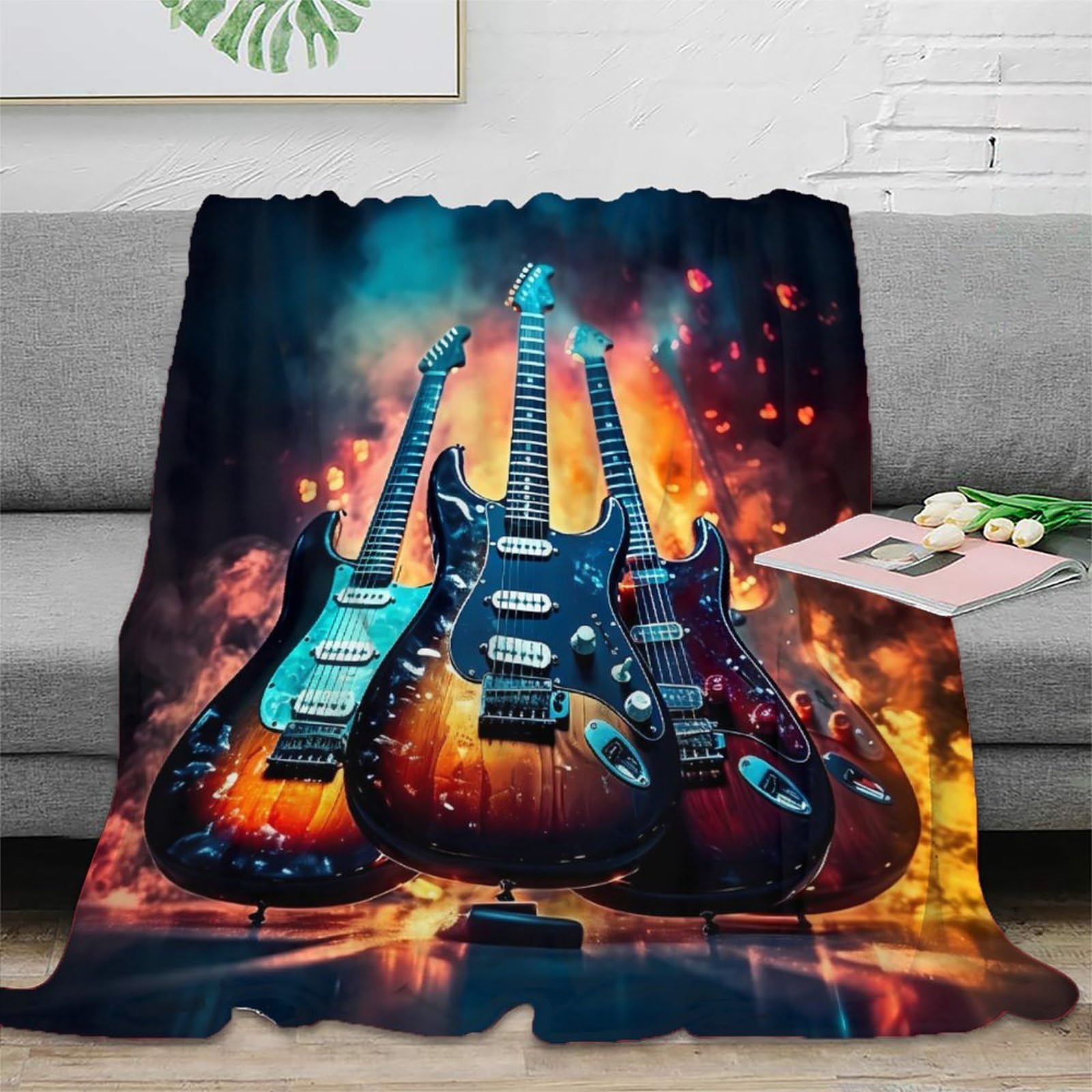 stampa 3D Electric guitars coperta da divano microfibra biancheria da letto lavabile coperta da salotto anti-pilling per giovani in relax serale Rock music 80×90inch(200x230cm)