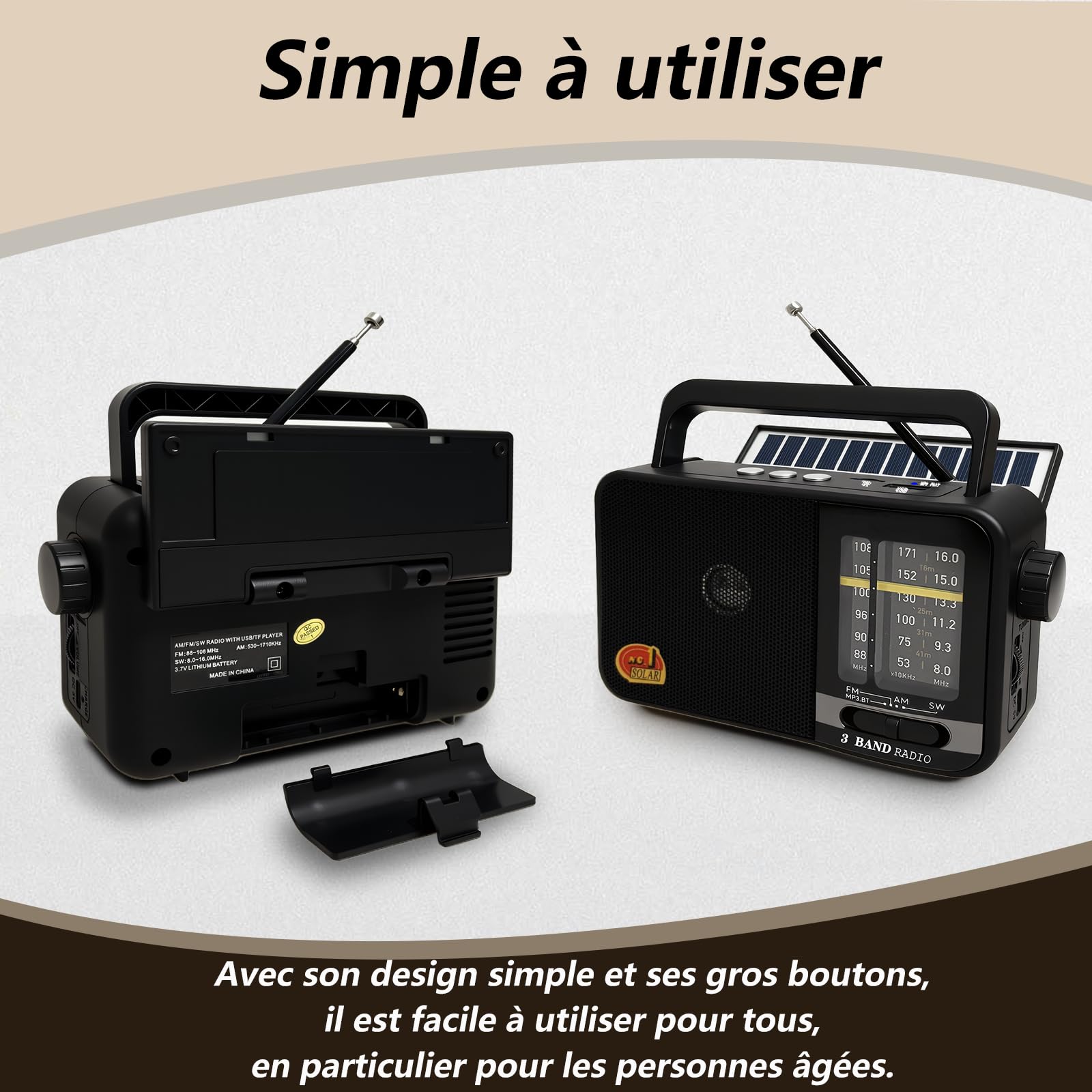 Poste Radio Portable avec Panneau Solaire & Batterie 1200mAh, Récepteur AM/FM/SW avec 8W Haut-Parleur/TWS/USB/TF, Transistor Radio a Pile luetooth pour Camping, Urgences et Extérieures (Noir)