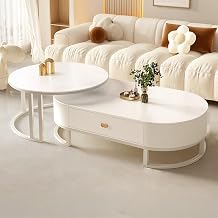 Sintered Stone Coffee Table Set of 2 Oval Coffee Tables for Living Room with Glass End Table with Drawer Storage and Carbon Steel Base Cream Style Living Room CenterpieceWhite,100x40+70x45cm