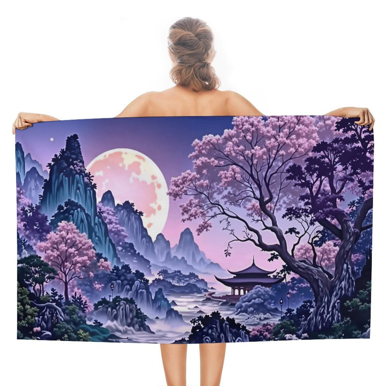 Anceky Mountain Moonlight Garden Beach Towel Microfiber Soft Absorbent Oversized Large Bath Towel Blanket Thin Quick Dry for Adults Swimming Pool Yoga Gym Travel 51"X31"
