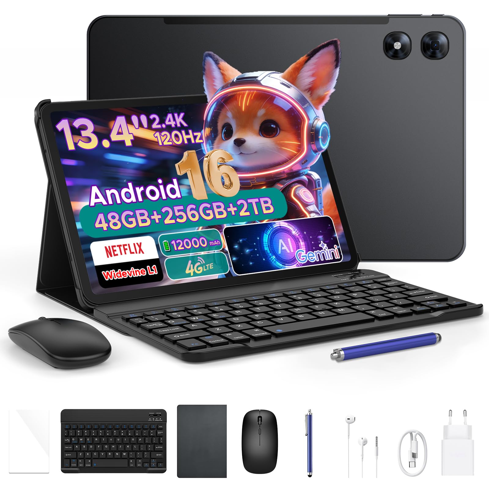 P13 Pro Tablet 13.4 Pulgadas 120Hz Android 16, 48GB RAM + 256GB(TF 2TB) Tablet con Teclado y Lapiz, T7280 Octa-Core, 12000mAh/18W, 16MP+8MP, Gemini AI, Widevine L1, Face ID, Dual SIM 4G — view 10