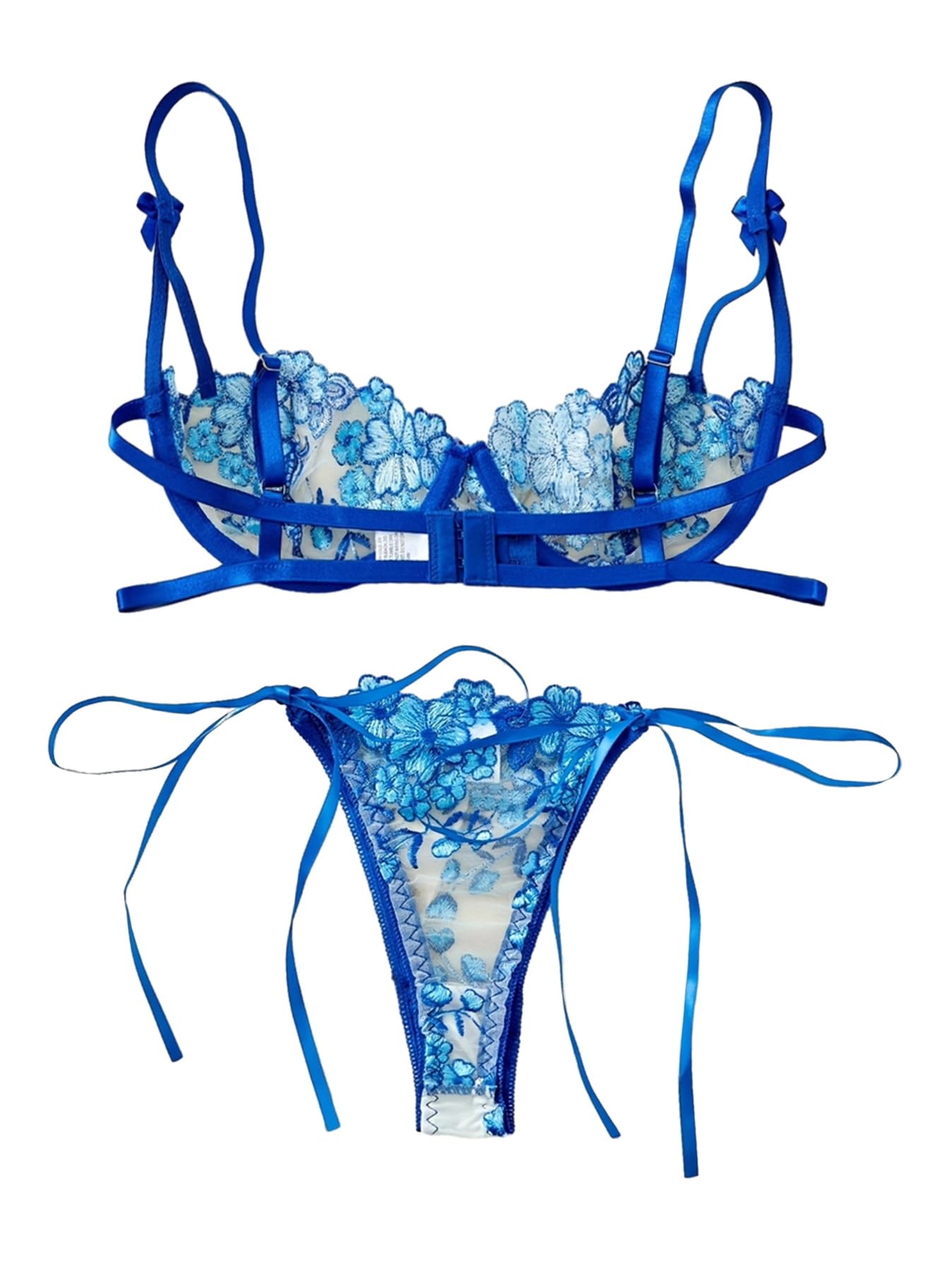 Lilosy Sexy Tie Side Cute Underwire Push Up Strappy Embroidered Mesh Sheer Lingerie Set: Bow Large Bow Floral Blue