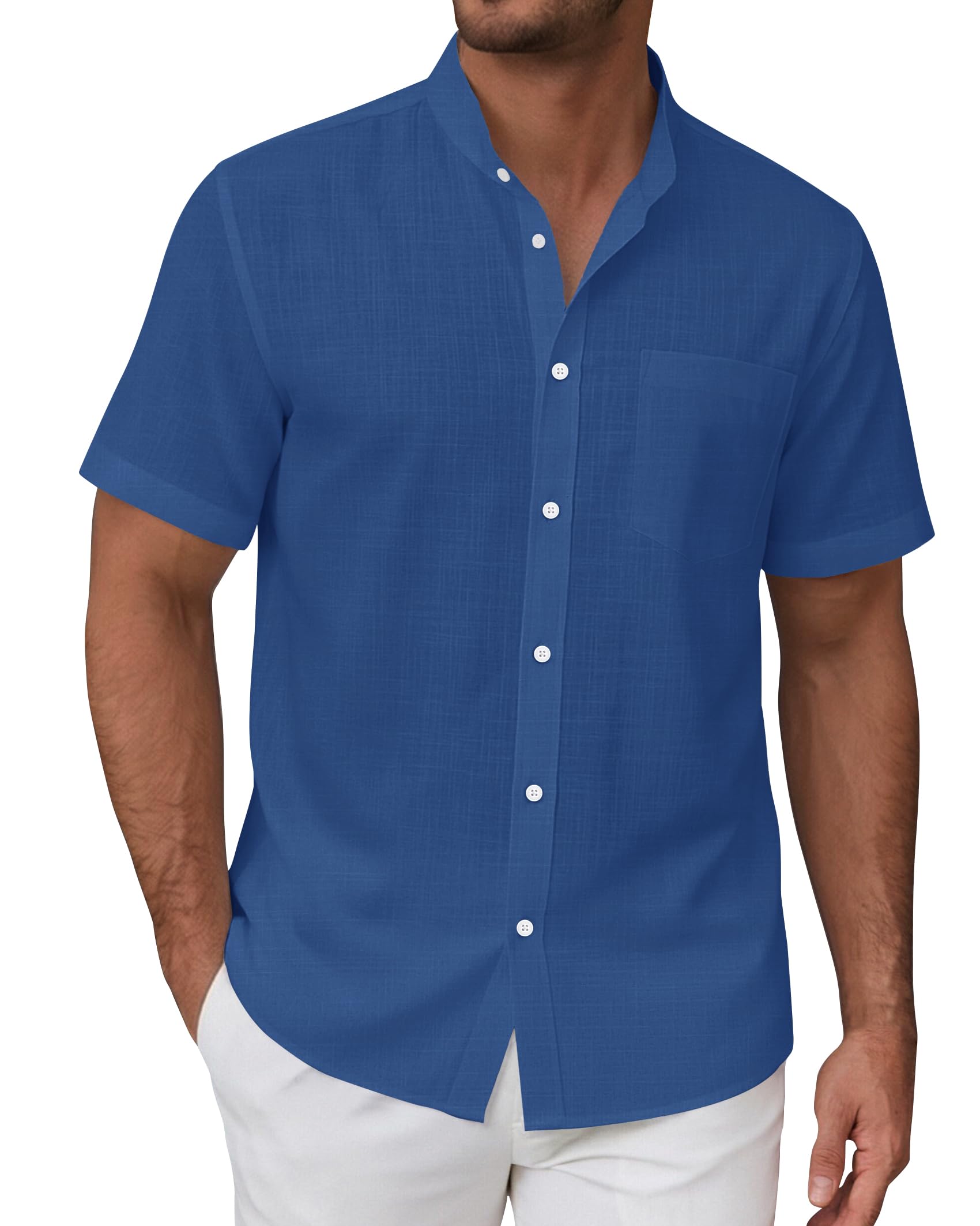 siliteelon Leinenhemd Herren Kurzarm Stehkragen Sommerhemd Freizeithemd Regular Fit Kragenloses Leinenshirt Standhemd