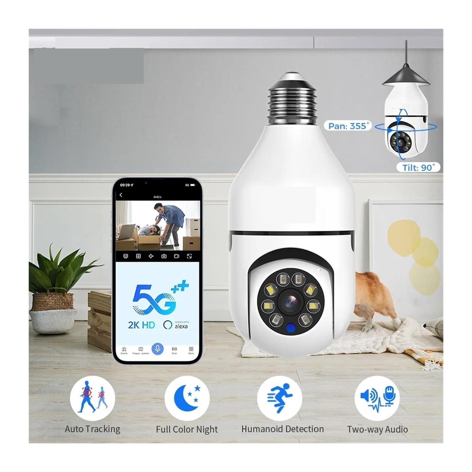 Caméra de sécurité Domestique, Ampoule De Caméra Caméra Vision Nocturne Suivi Audio Bidirectionnel Surveillance sans Fil(2PCS NO SD Card)