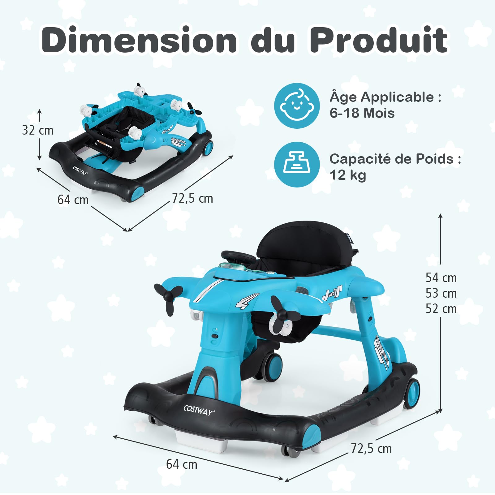 GOPLUS 6 en 1 Trotteur Bébé Garçon Fille, Trotteur Marche Bebe Pliable avec 3 Hauteurs Réglables, Roue Silencieuse, Musique, Lumières, Coussin Doux, Charge 12KG pour 6-18 Mois