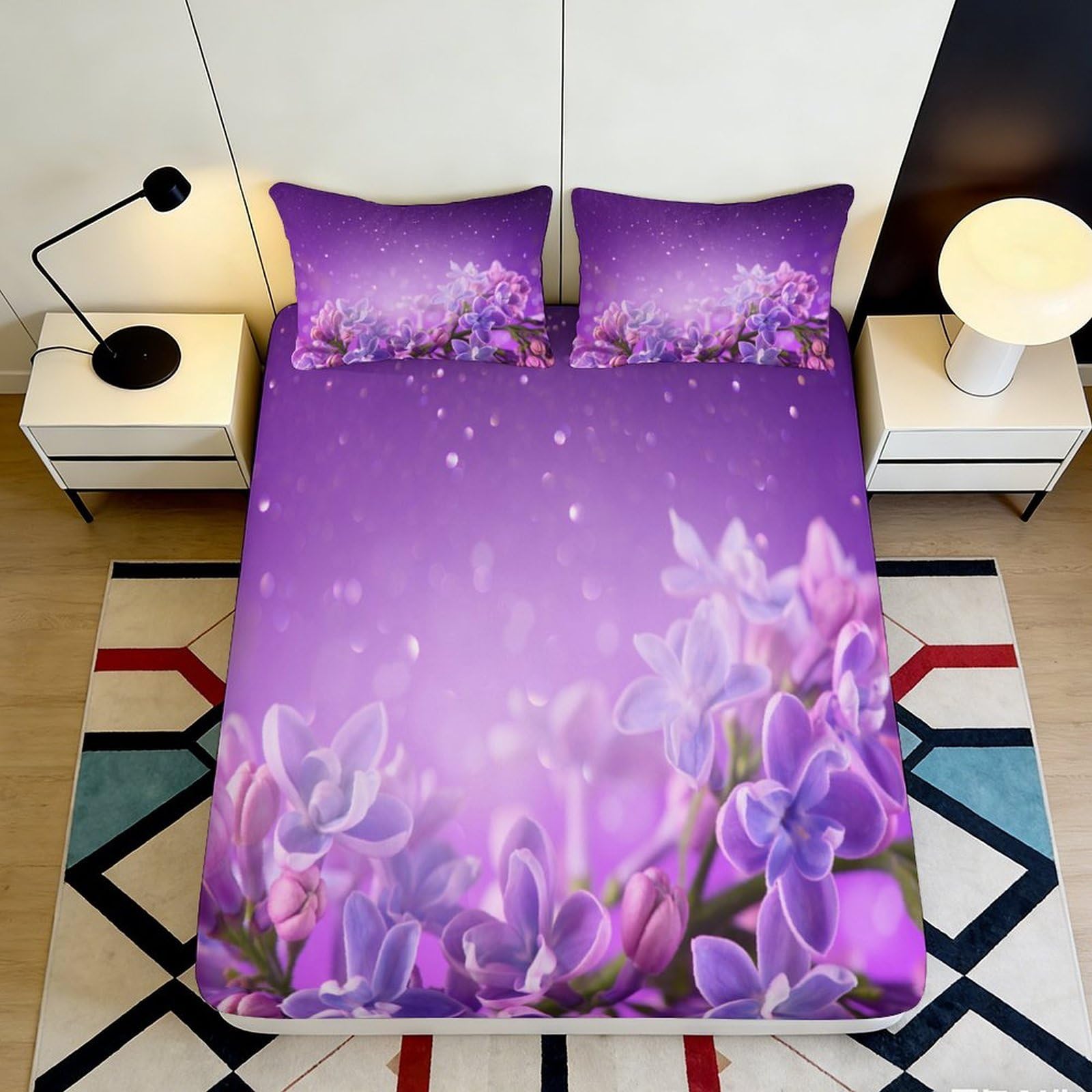 K1r3d9e5 Style-9 3D Printed Purple Floral Fitted Sheet Microfiber Soft Breathable Orchid Mattress Cover For Bedroom Dorm Decor Protection 90X200x25cm