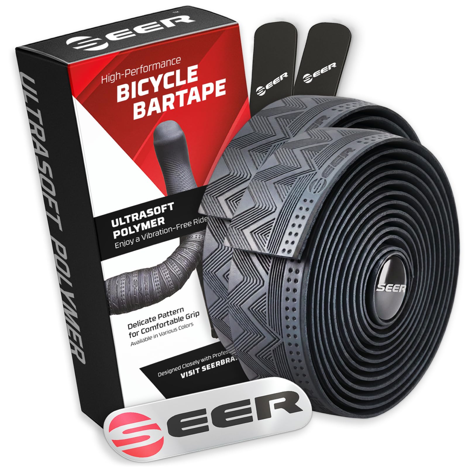SEER Bike Bar Tape – New Ultra-Soft Polymer Handlebar Tape for Road & Gravel Bikes, Comfortable Anti-Vibration Cycling Tape, Complete Kit with 2 Rolls, End Plugs & Finish Strips (Black)