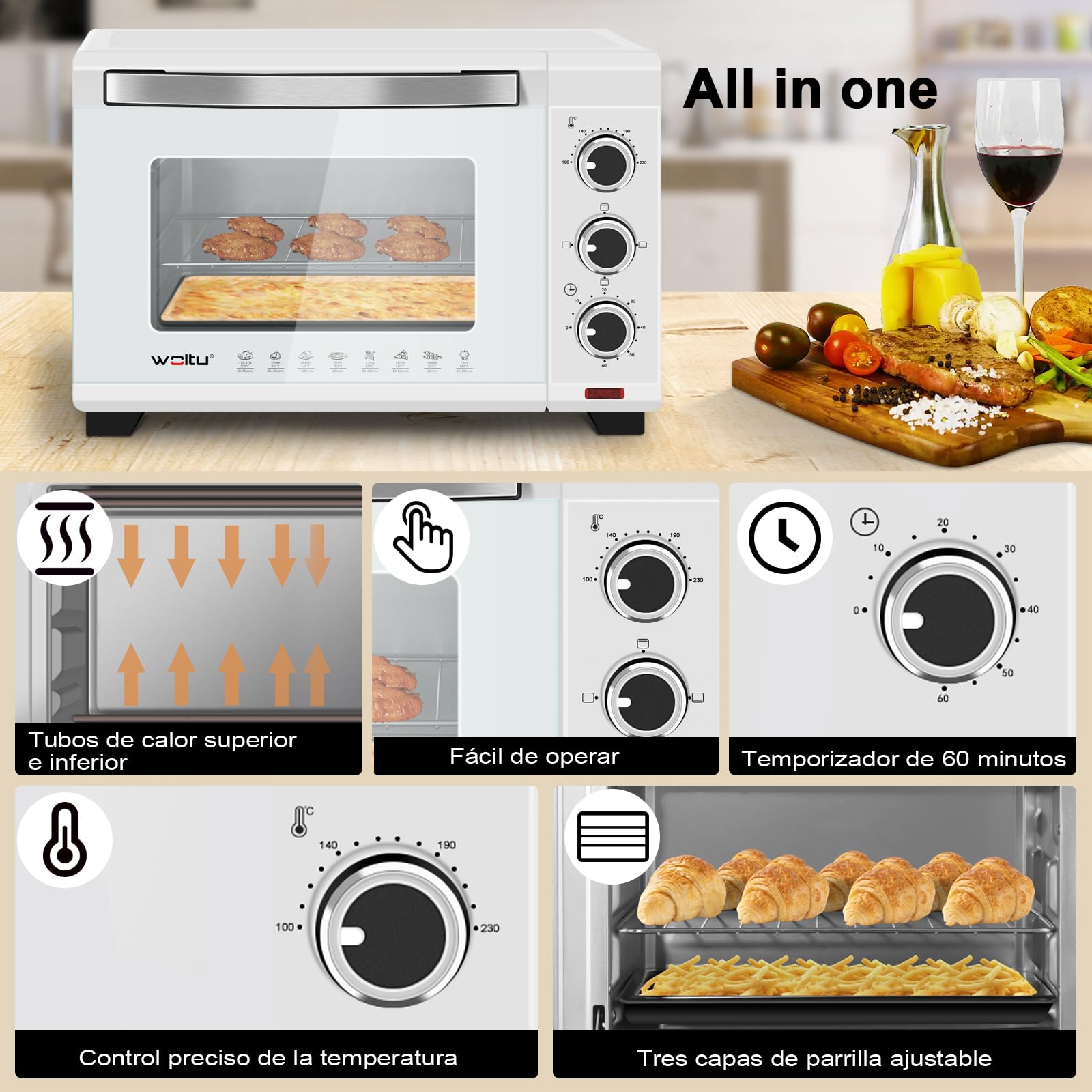 WOLTU Horno Pequeño Sobremesa 21 L, 1280 W, 100-230℃, Calor Superior e Inferior, Temporizador 0-60 Min, Blanco