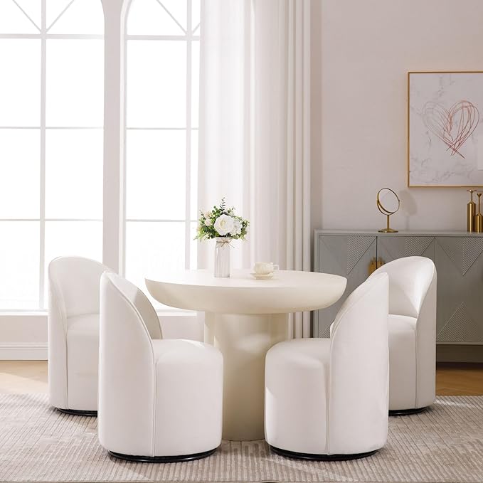 Wahson Velvet Swivel Dining Chair Set of 4, Modern Upholstered Barrel Accent Chair with 360ー Rotation, White Vanity Chair for Dining/Living Room, Bedroom, Makeup Room