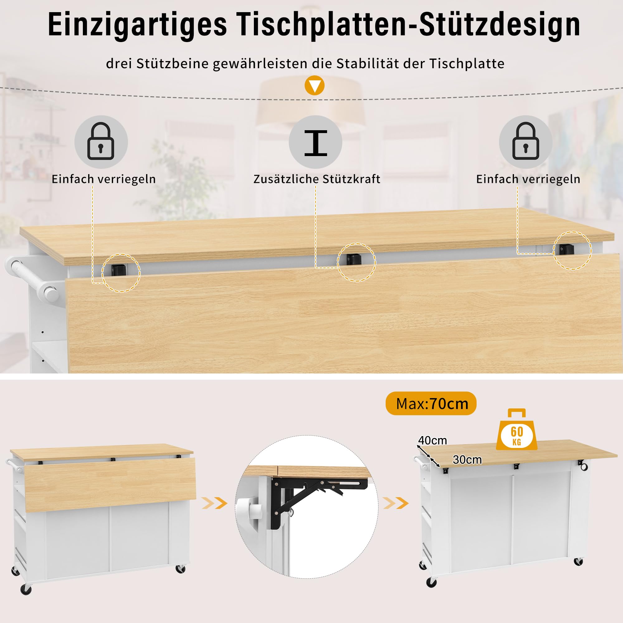 Kücheninsel mit Rollen ausziehbarem Esstisch, Mobile Kücheninsel mit Steckdosen, Abfallbehälterfach Handtuchhalter, Platzsparender Küchentrolley mit Stauraum für kleine Küchen Esszimmer (Weiß)