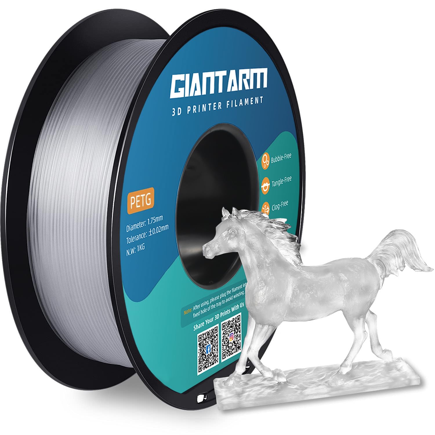 PETG Filament per Stampante 3D, GIANTARM PETG Filament 1,75mm, Dimensional Accuracy +/- 0,2mm 1kg, Transparen
