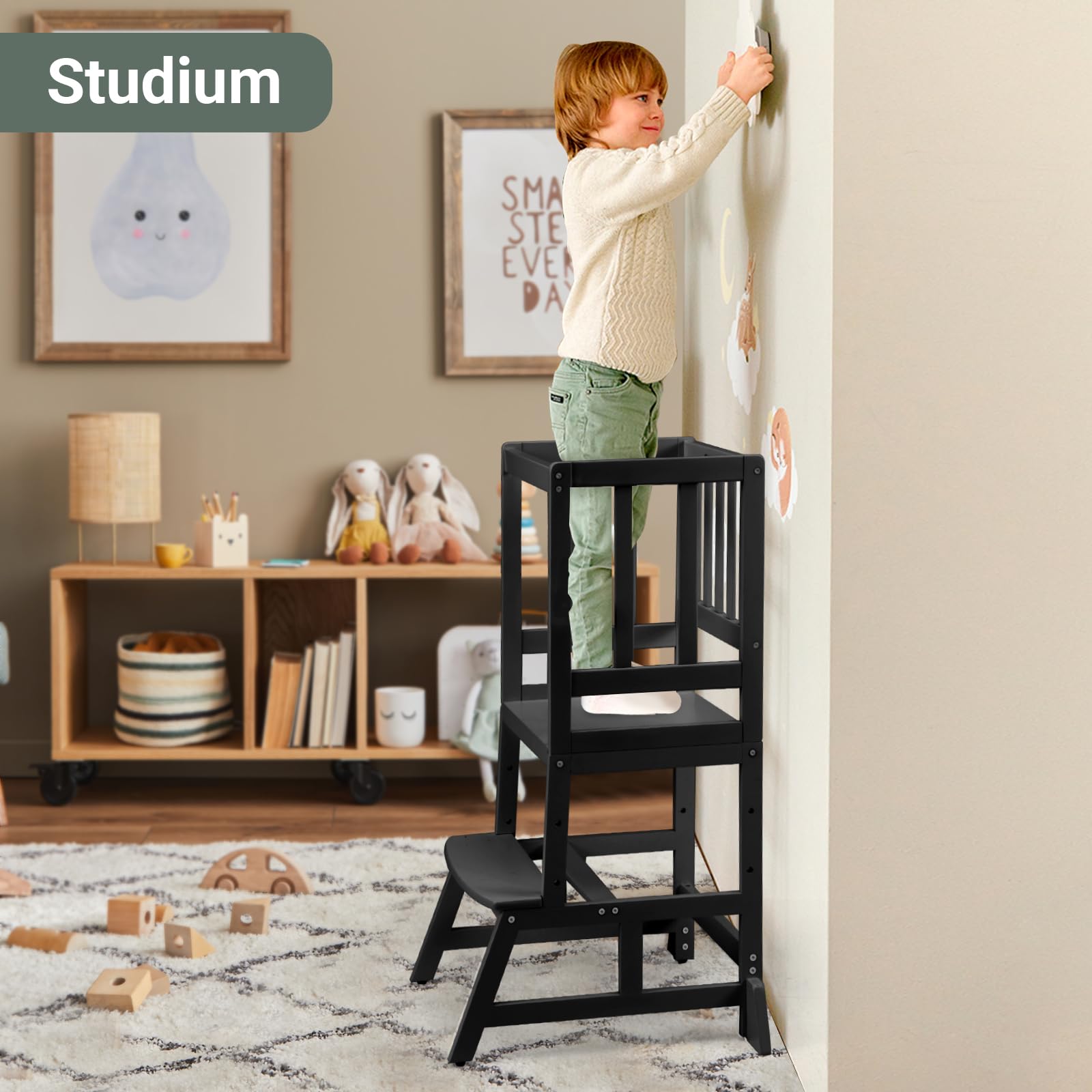 COSYLAND Montessori Lernturm ab 1 Jahr – Höhenverstellbarer Kinder Lernturm & Learning Tower für Küche, sicherer Montessori Tower mit 2 Stufen, Kippschutz & rutschfesten Matten, Klassisch Schwarz