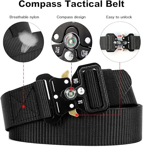 Miniatura 2 de YOORAN Cinturones Tácticos para Hombres Paquete de 4, Cinturón Web Militar con Brújula, Cinturón Rigger de Servicio Pesado con Hebilla de Metal