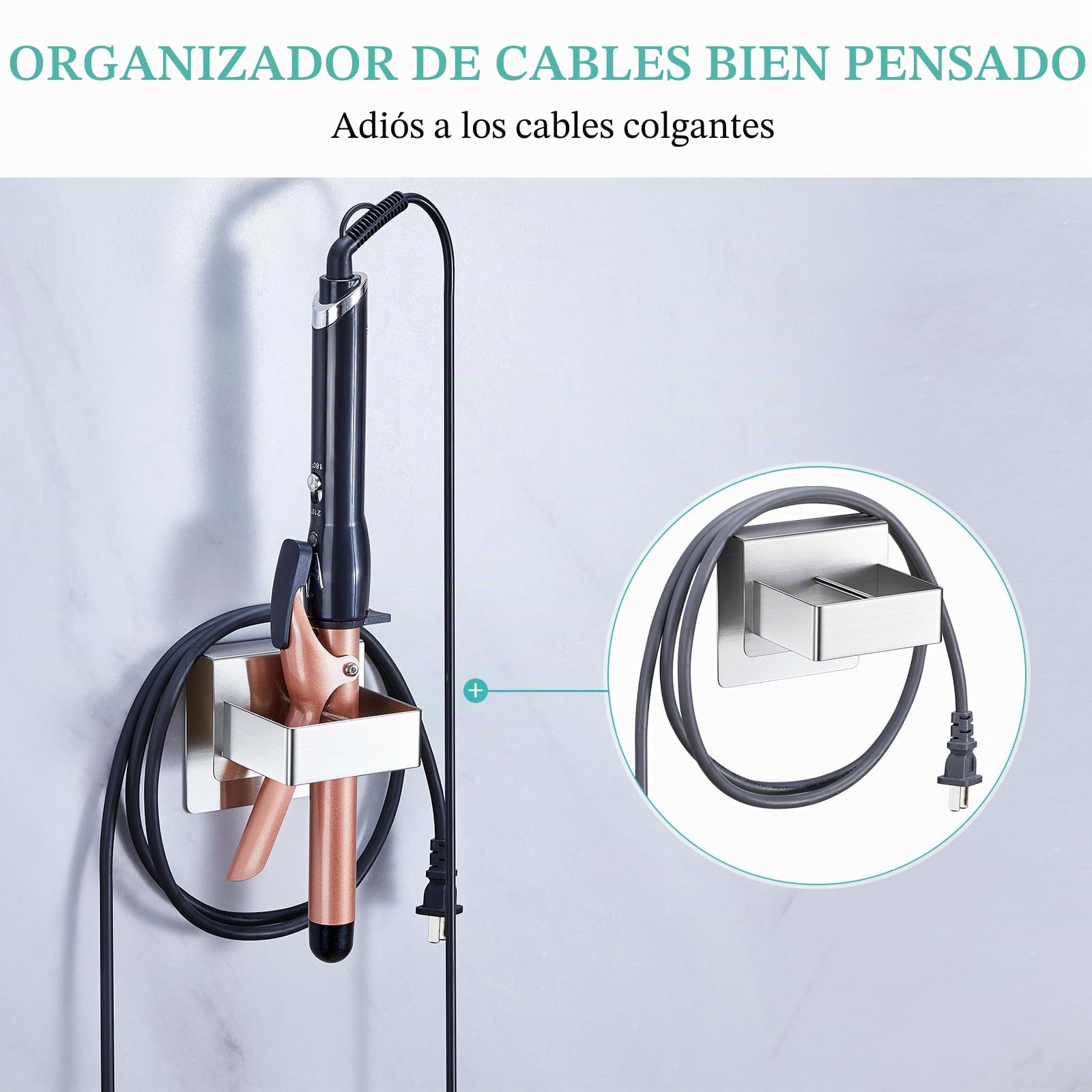 Soporte para plancha de pelo, porta para secador de pelo de pared sin taladrar, porta para rizador, soporte adhesivo para secador, para baños, peluquerías y tocadores (Plata)