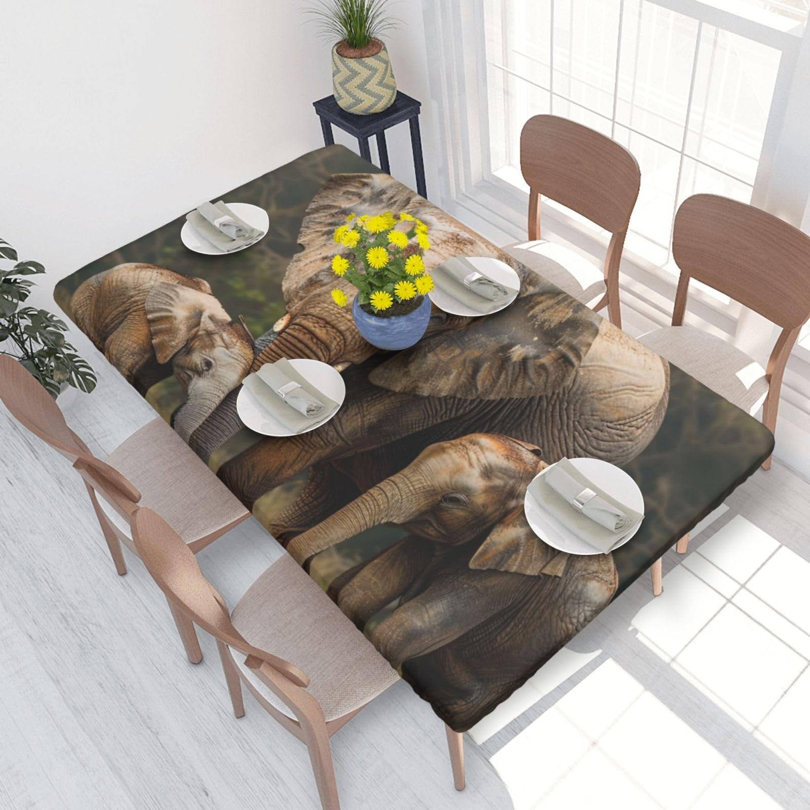 WPKJU Elephant Family Printed Tablecloths 4ft Rectangular Table Covers Washable Polyester Decorative Table Cloth for Dining Table Picnic Wedding