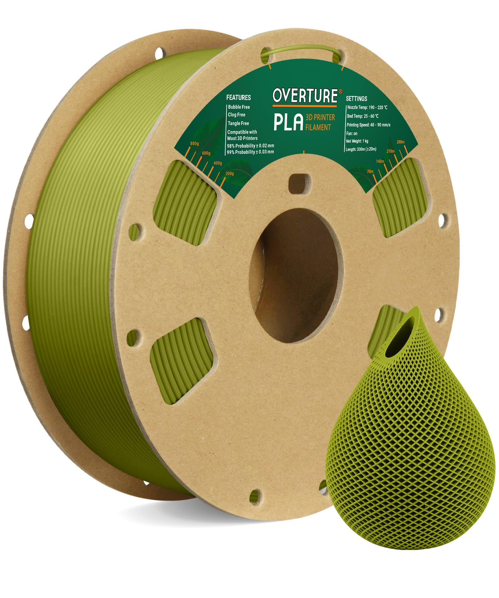 OVERTURE Filamento PLA 1.75mm, 1kg Bobina(2.2lbs), Precisione Dimensionale +/- 0.03 mm, per Stampante 3D (Verde Oliva)