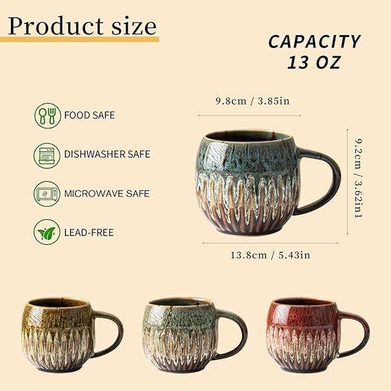 Large Ceramic Coffee Mug - 13oz Tea Cup, Blue, Set of 4 | Large Tea Mug, Microwave Safe, Dishwasher Safe