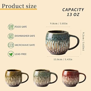 Large Ceramic Coffee Mug - 13oz Tea Cup, Blue, Set of 4 | Large Tea Mug, Microwave Safe, Dishwasher Safe