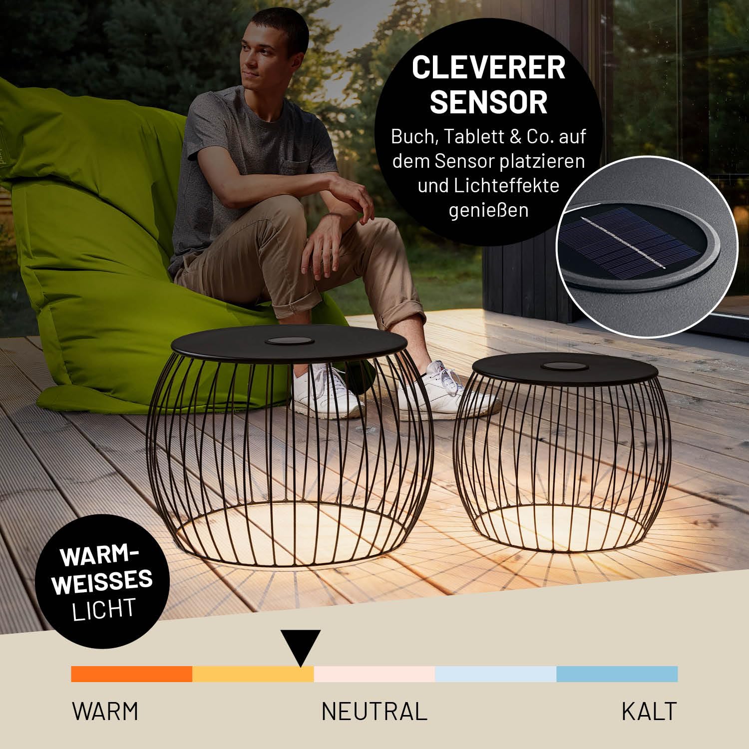 Lumaland 2er-Set Beistelltisch mit Solar Beleuchtung und USB-Option | Für Verschiedene Anwendung wie als Nachttisch & Wohnzimmertisch | Auch als Gartentisch & Balkontisch Dank Wetterfestigkeit