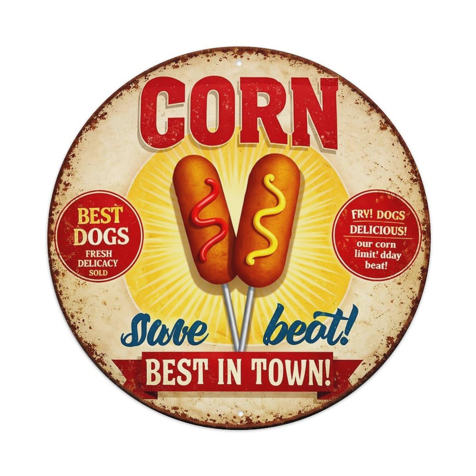 Corn Dogs Sweet Beat Best In Town Retro Metal Sign Round Tin Sign, Vintage Decor Art Poster for Bar, Home, Man Cave, Kitchen, Laundry Room Gift 8x8Inch