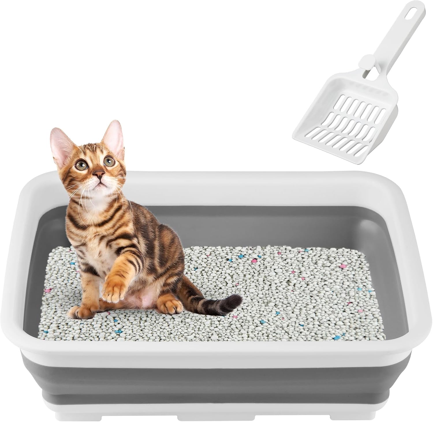 Cat Litter Box, Foldable Cat Litter Pan with Scooper Portable Travel