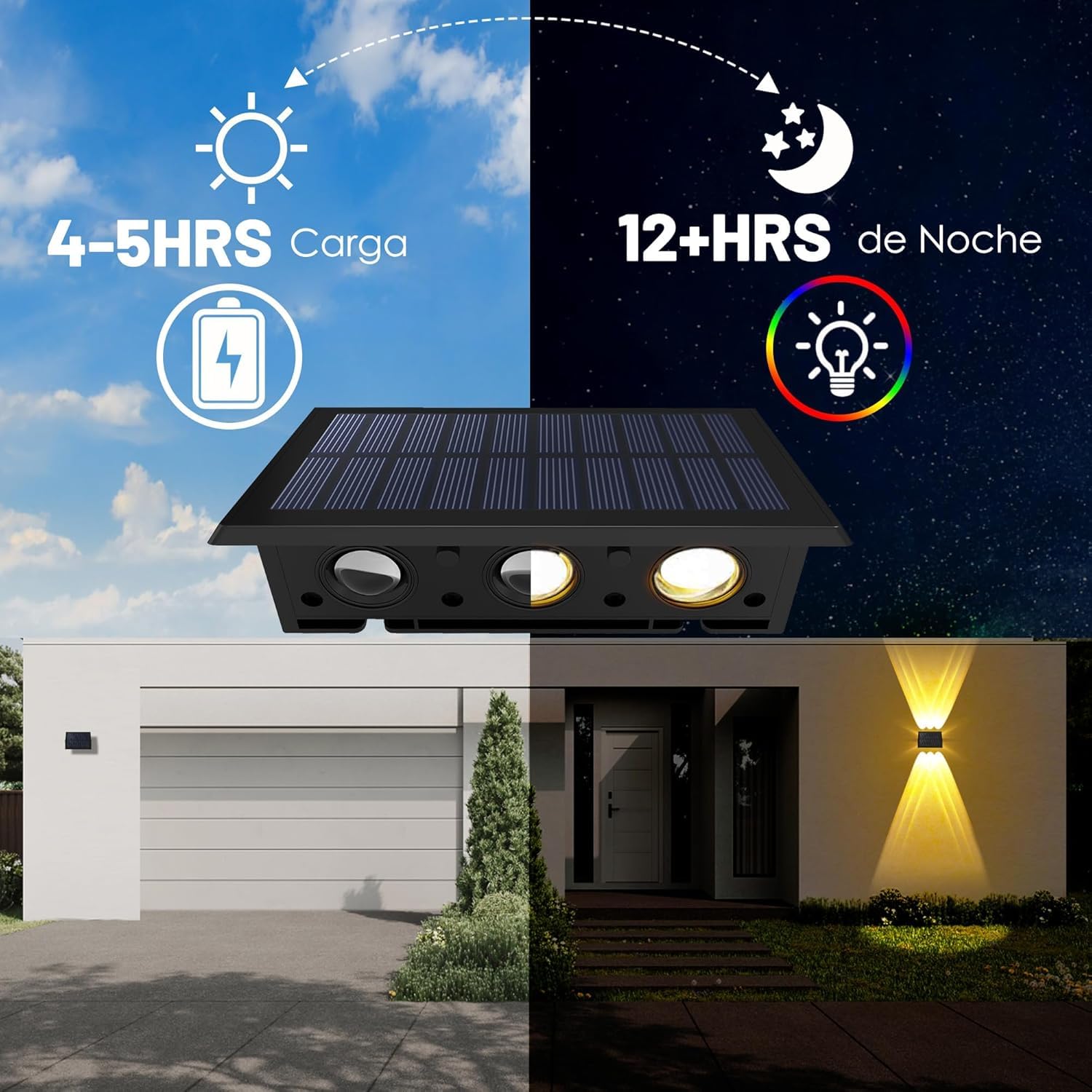 Aplique solar exterior, luces solares exterior para iluminación superior e inferior 6 LEDs, IP67 impermeable para jardín balcón Terraza luz solar exterior, blanco cálido Pack de 6 Unidades