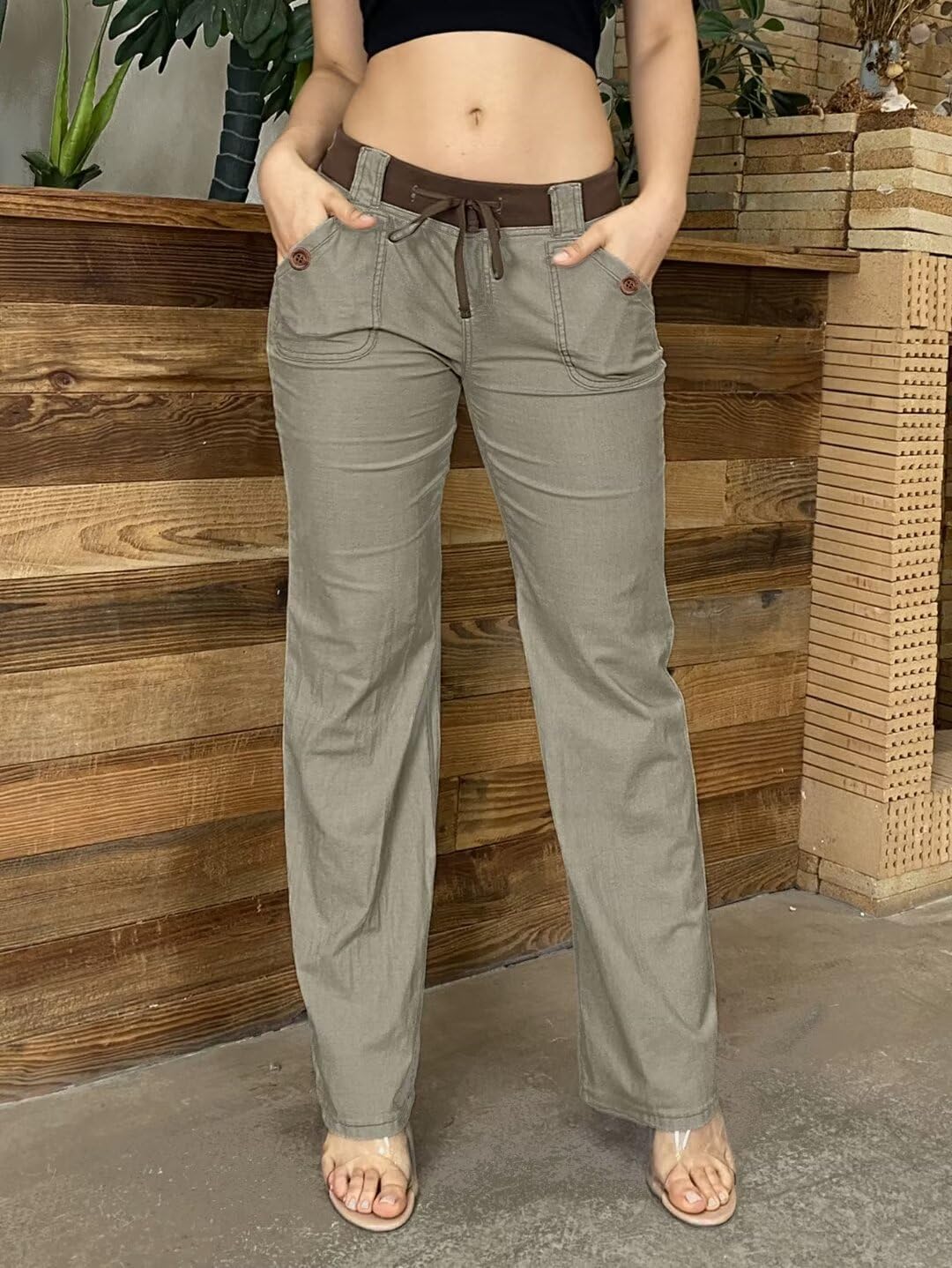 Flamingals Low Rise Cargo Wide Leg Pants for Women Drawstring Flap Pockets Y2K Bow Tie Casual Flare Pants - Image 4