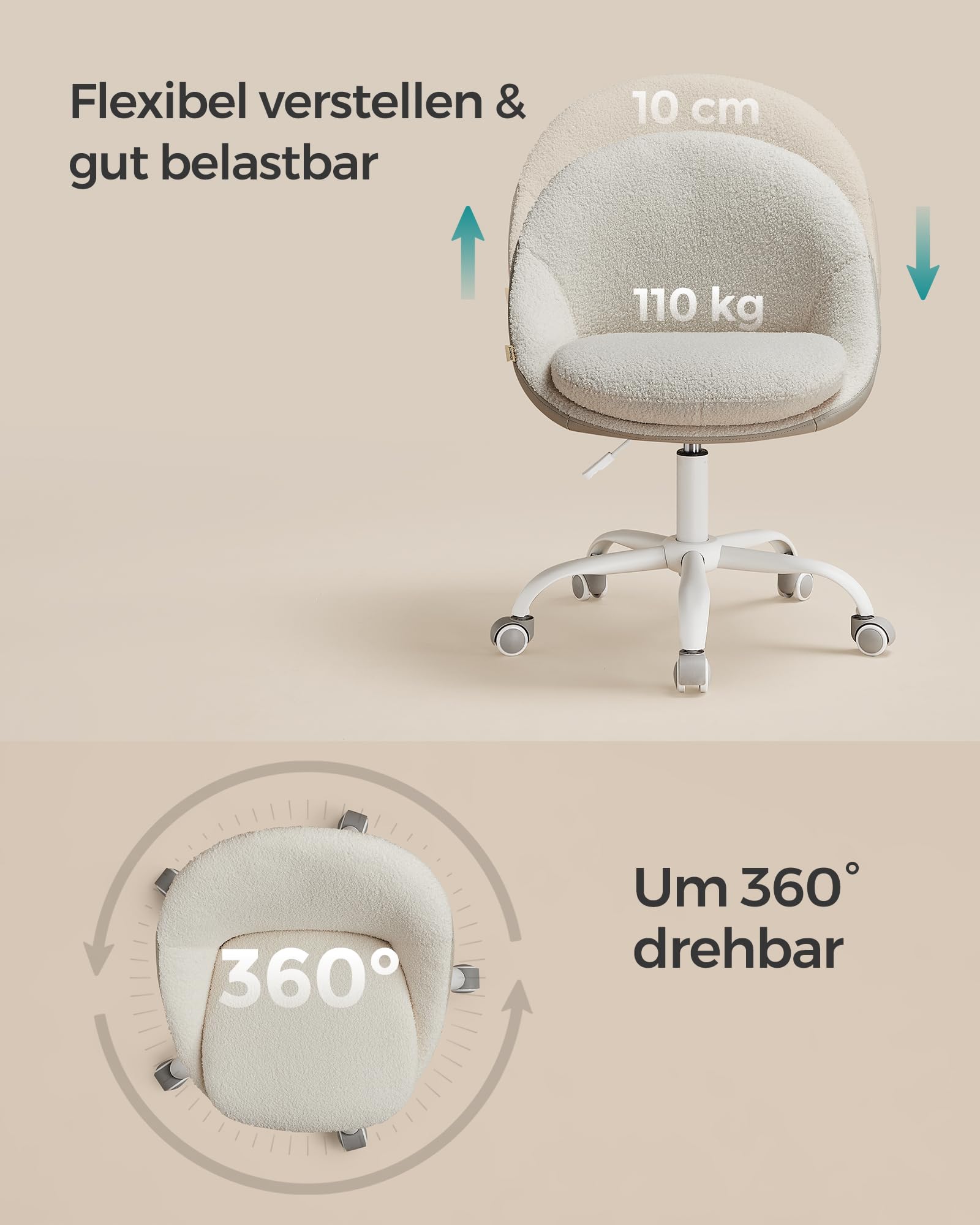 SONGMICS Homeoffice Stuhl, Schminkstuhl aus Sherpa, Schreibtischstuhl, Schaumstoffpolsterung, höhenverstellbar, für Arbeitszimmer, Schlafzimmer, cappuccinobeige-wolkenweiß OBG020W01