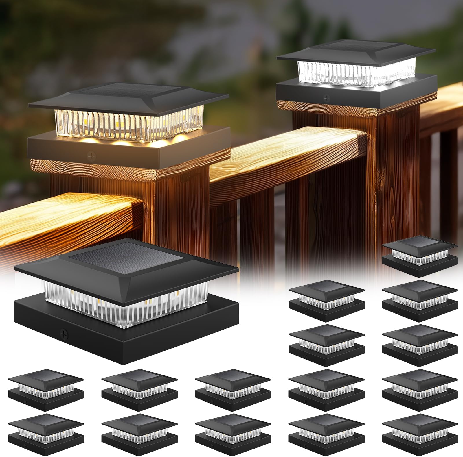 - 4x4 Solar Post Cap Lights 16 Pack, Fence Post Solar Lights with Warm White/Cool White, Only Fit 4x4 Wood/Vinyl Posts, Waterproof Outdoor Deck Post Light for Deck, Fence, Porch(Black)