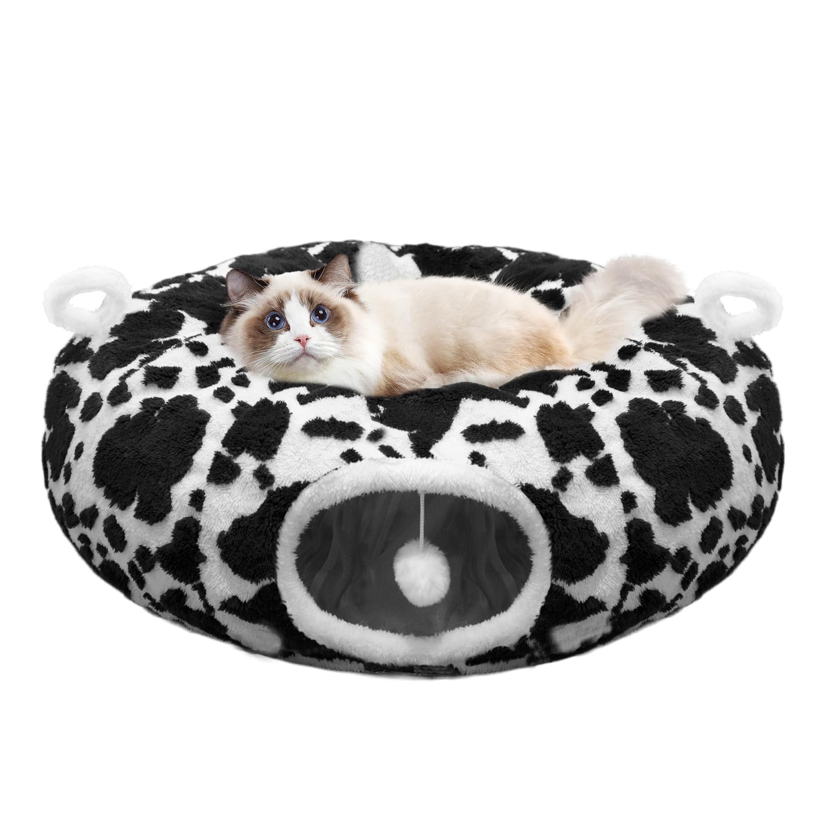 Cat Tunnel Bed for Indoor Cats, Soft Plush Donut Peekaboo Cat Cave, Multifunctional Playground Toy for Small Medium Large Cats, Kittens, Rabbits,