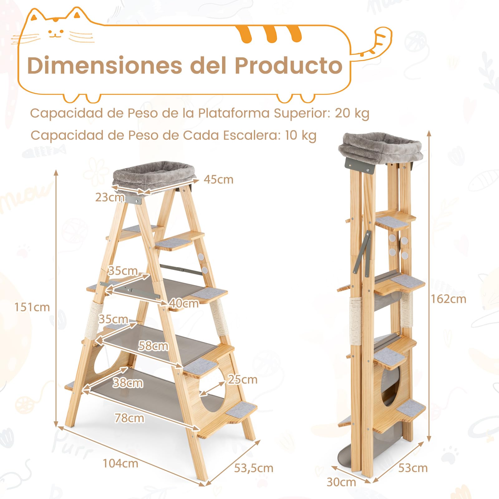 COSTWAY Árbol para Gatos de Madera Maciza, 151 cm, Rascador Gato Plegable con Escalera, Torre Alta para Gatitos de 5 Niveles con Cama, Perchero Tapizado y Poste Rascador de Sisal, Natural y Gris