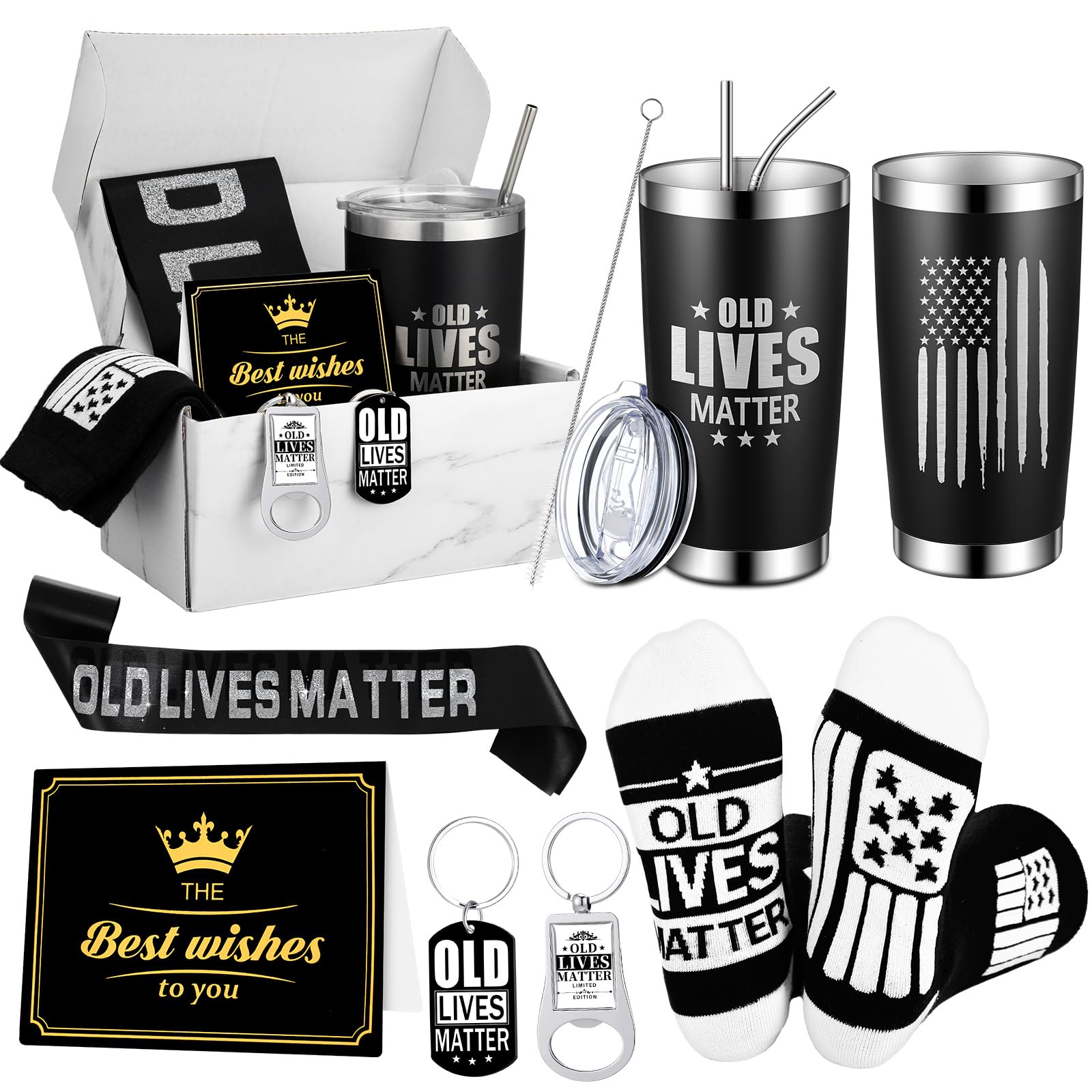 Geiserailie 7 Pcs Old Lives Father's Gifts Set for Dad Grandpa Man Include 20oz Tumbler Socks Keychain Bottle Opener Card Sash and Box for Men 30th 40th 50th 60th 70th 80th Birthday Gift